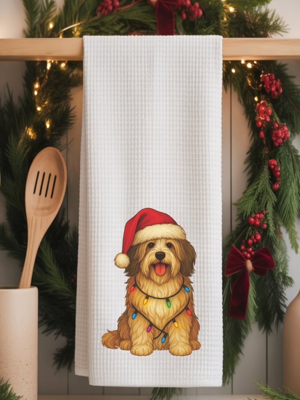 Tibetan Terrier Christmas Lights Decorative Kitchen Tea Towel